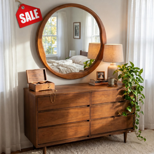 Walnut round mirror - round, mirror,
