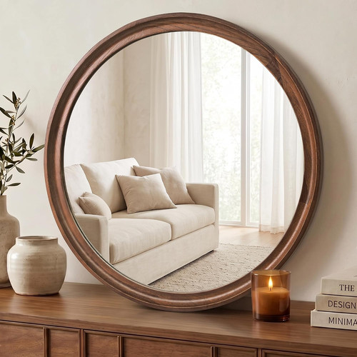 Round wood mirror - wood, 26"