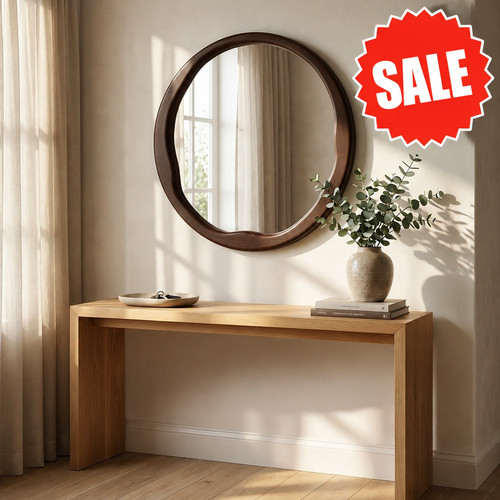 Walnut round wall mirror - walnut,